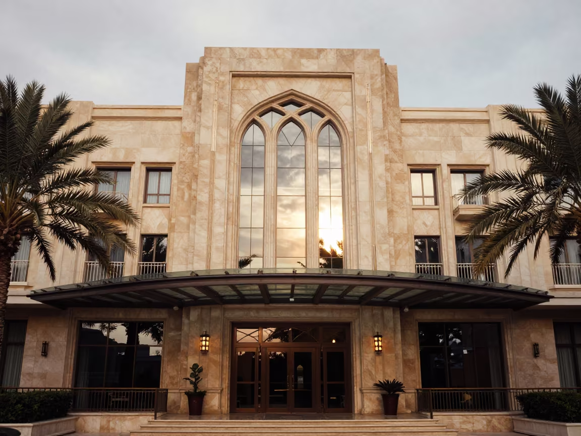 Massarah Art Deco Hotel Facade Reflection in outside a hotel entrance in Massarah