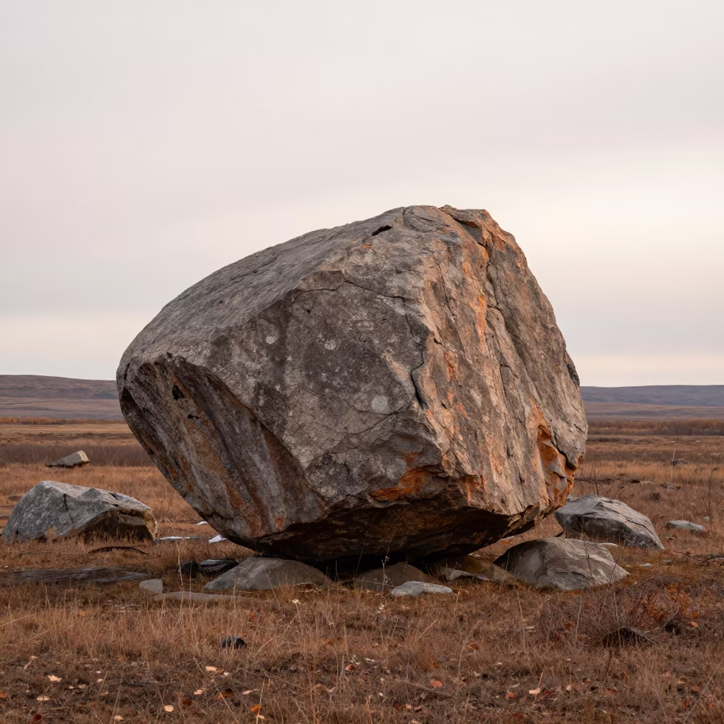 Massive Erratic Boulder on Siberian Glacial Plain in across a wide valley floor in Siberia