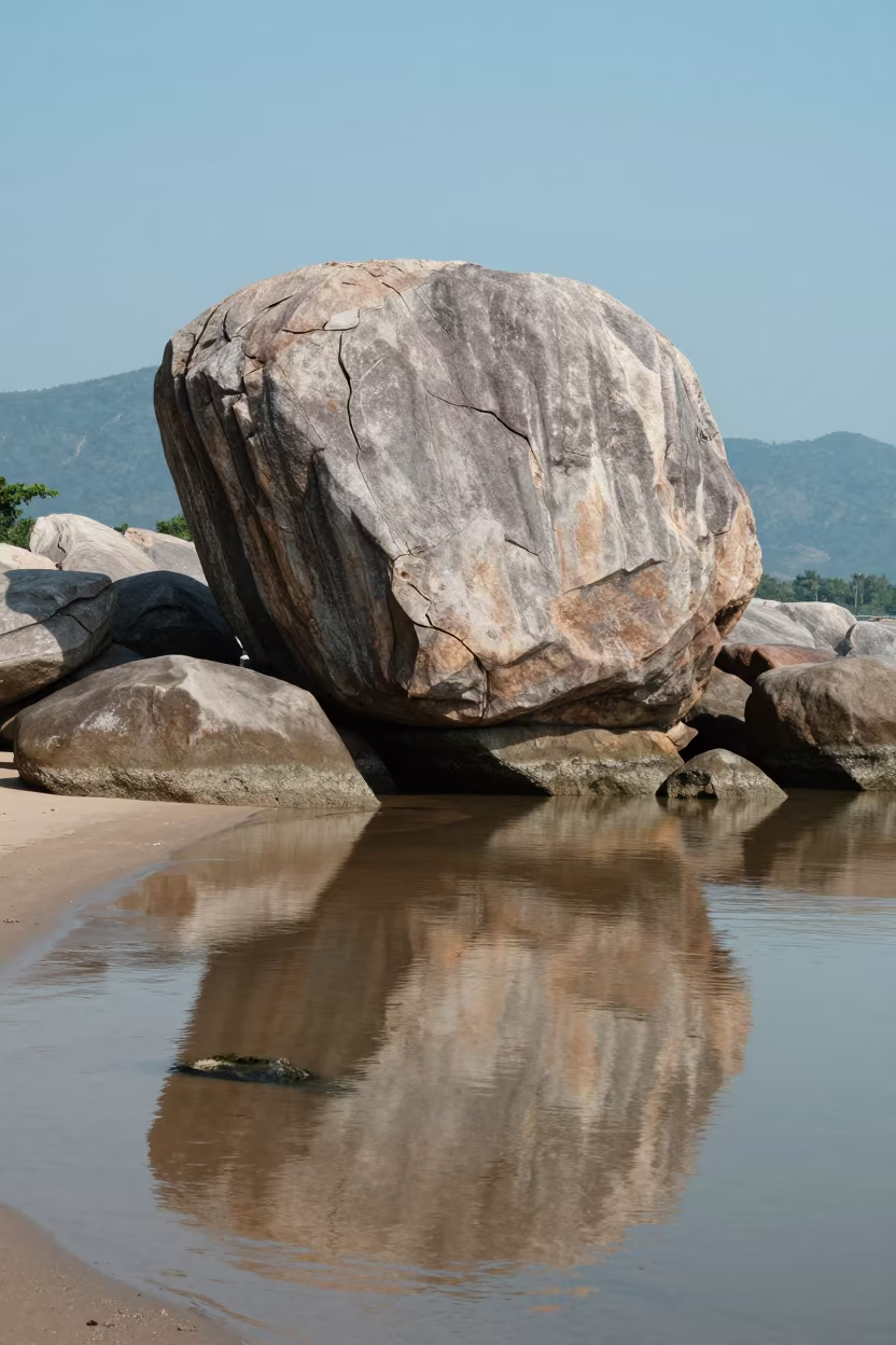 Massive Erratic Boulder on Wet Shoreline in along a wave-cut shoreline near Battambang
