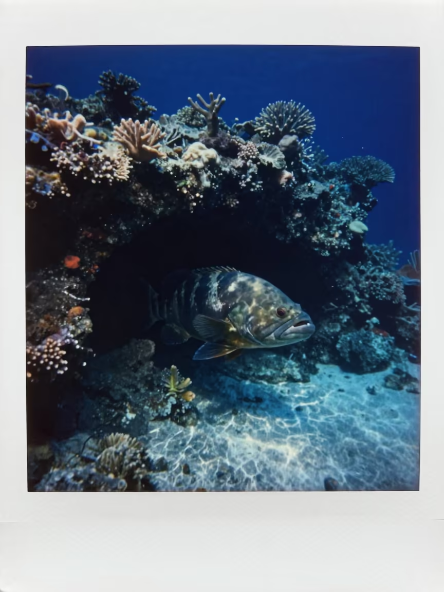 Massive Grouper in Belize Coral Cave at Night in beside a volcanic reef overhang near Belize City