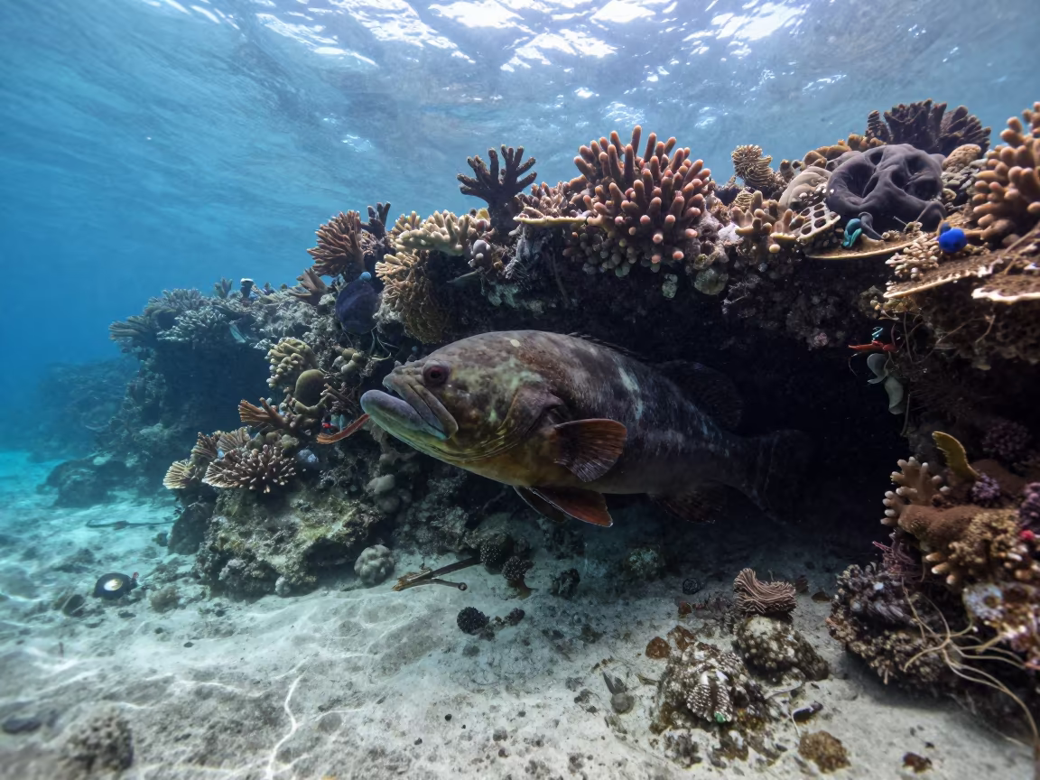 Massive Grouper in Belize Coral Cave in beside a reef crevice under clear water near Belize City