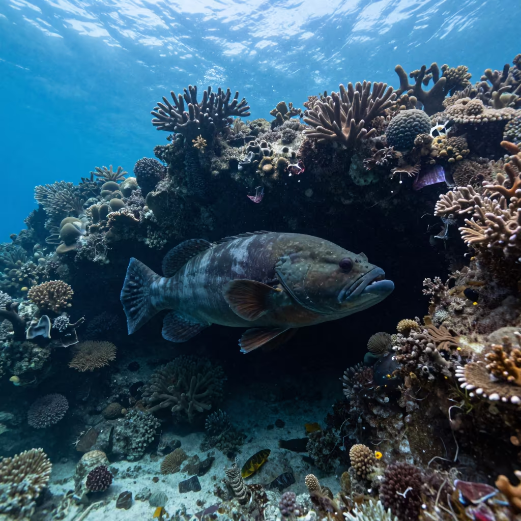 Massive Grouper Lurking in Coral Cave in along a coral wall with blue water beyond near Denpasar
