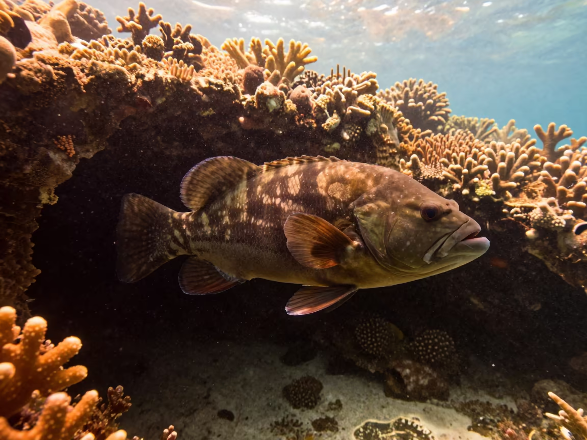 Massive Grouper in Coral Cave at Sunset in along a coral wall with blue water beyond near Zanzibar