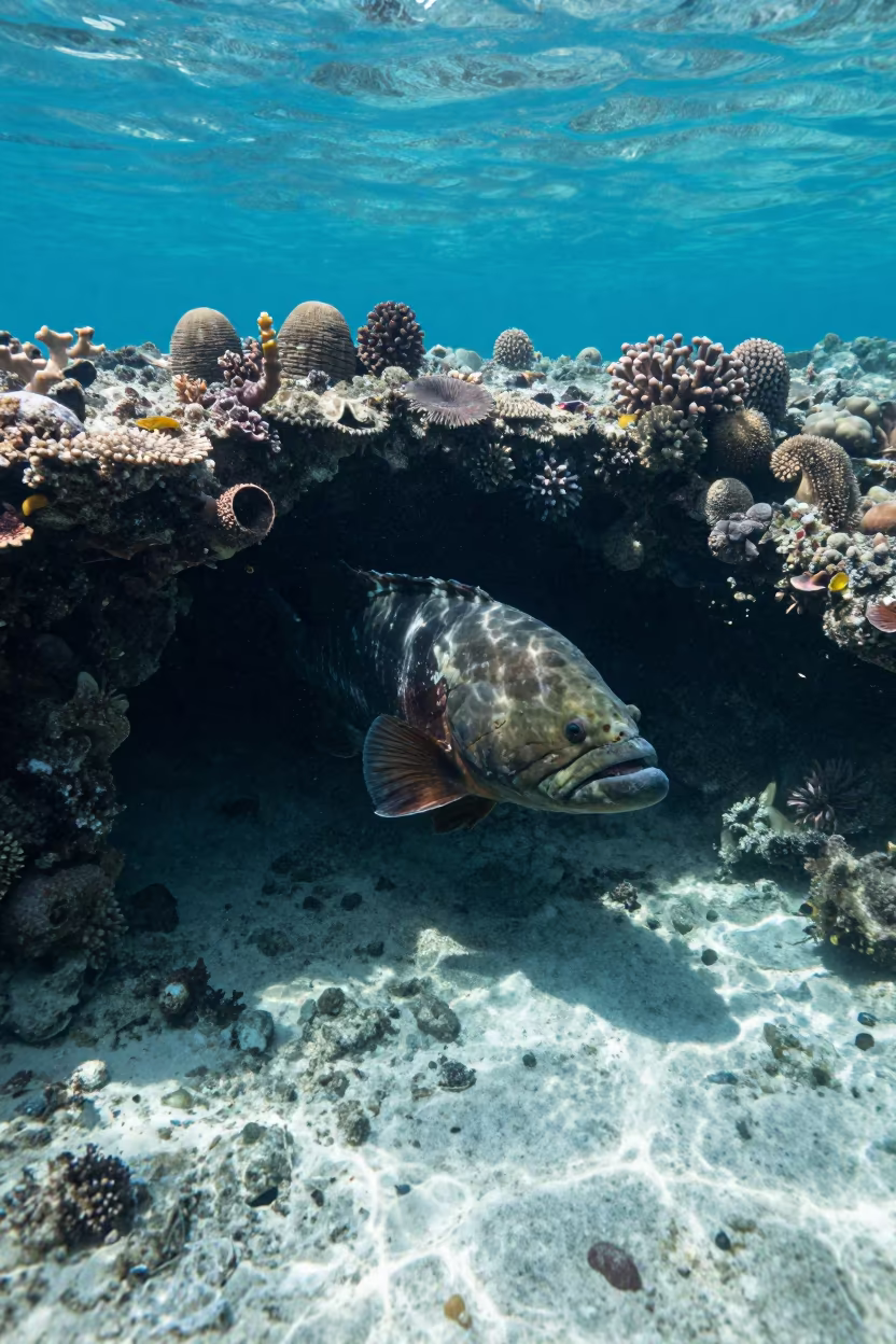 Massive Grouper Lurking in Coral Cave Entrance in beneath a reef ledge in tropical shallows near Zanzibar