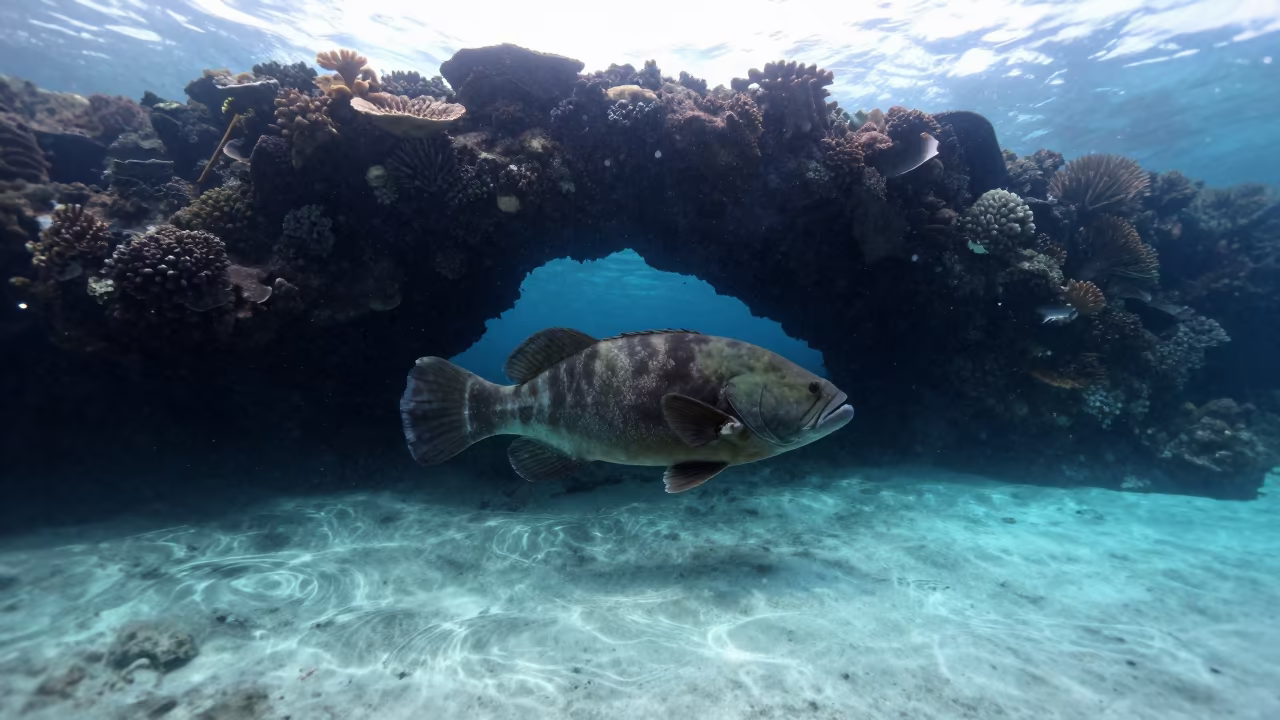 Massive Grouper Silhouette in Belize Coral Cave in beside a volcanic reef overhang near Belize City
