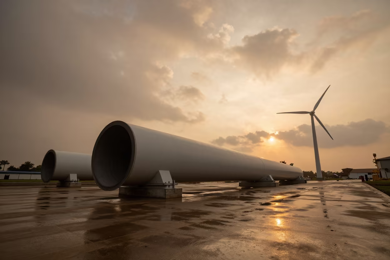 Massive Wind Turbine Molds in Amber Light in at a rail yard near Anand