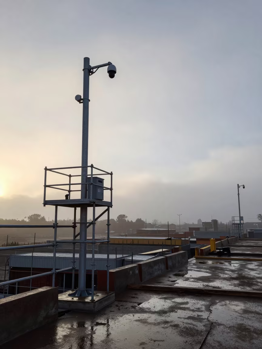 Mast Battery Shelf Before Dawn in Puerto Madryn in along a scaffolded facade in Puerto Madryn