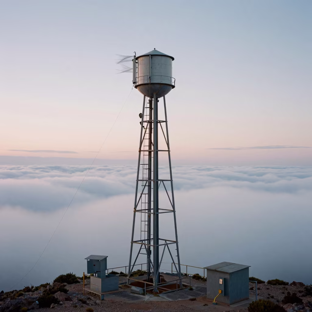 Mast Platform Above Clouds in Bolivian Dawn Haze in beside a water tower ladder in Bolivia