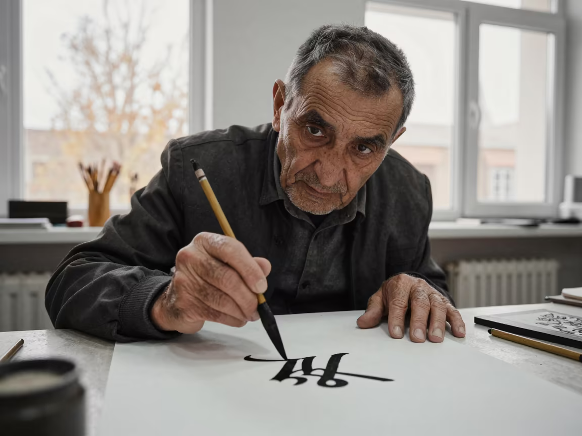 Master Calligrapher Eyes Over Rice Paper in by a workshop window in Khujand