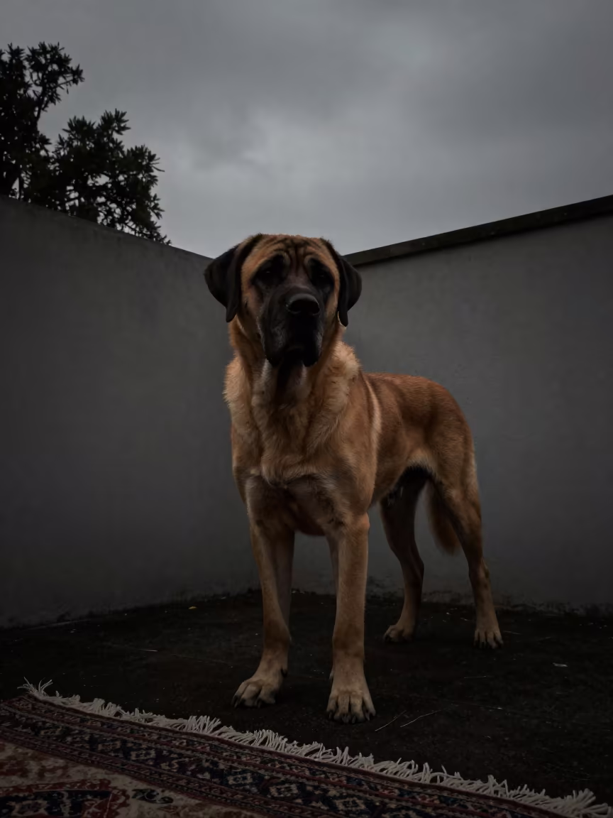 Mastiff in Early Dawn Shadow Beside Courtyard Wall in beside a plain courtyard wall in clear daylight with the animal at eye level in Spotsylvania County