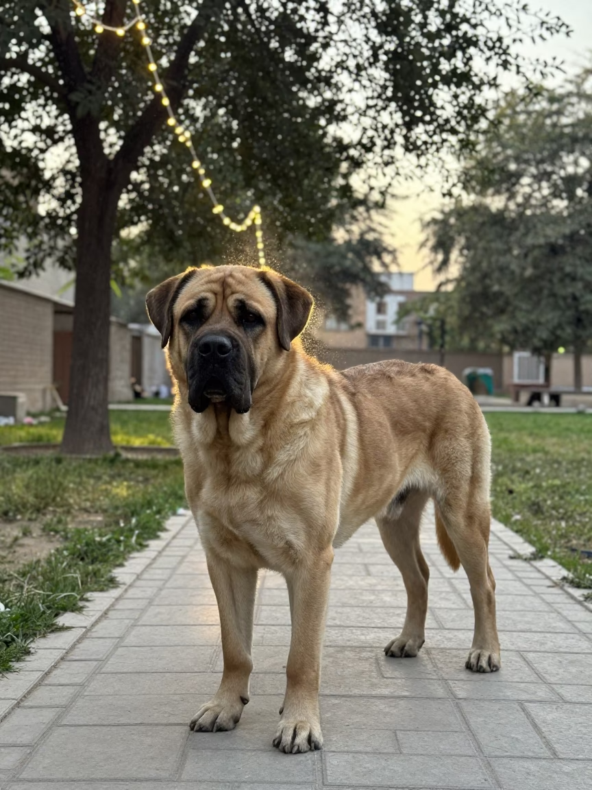 Mastiff on Park Path in Peshawar in in a small yard with clipped grass, calm light, and the animal centered in frame in Peshawar