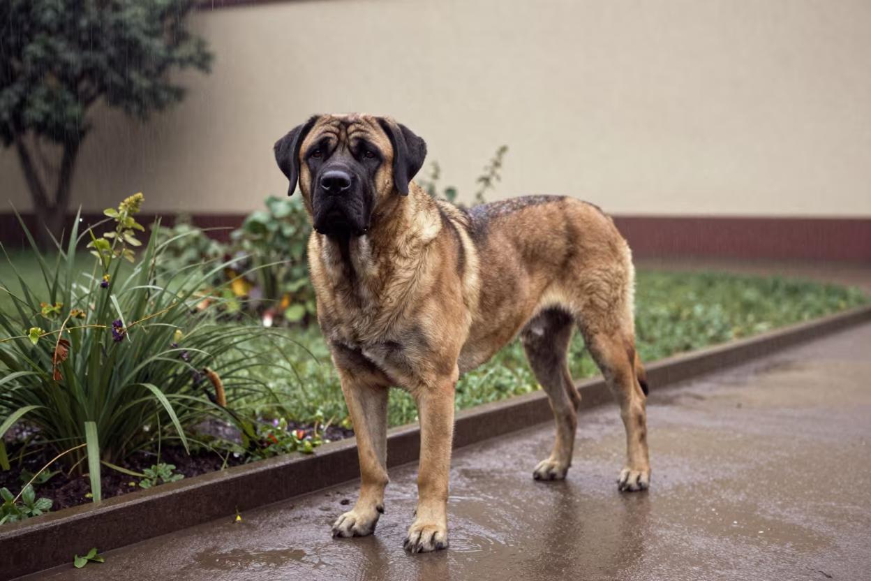 Mastiff on Quiet Park Path in Early Morning Puebla in near a garden edge with soft morning light and an uncluttered background in Puebla