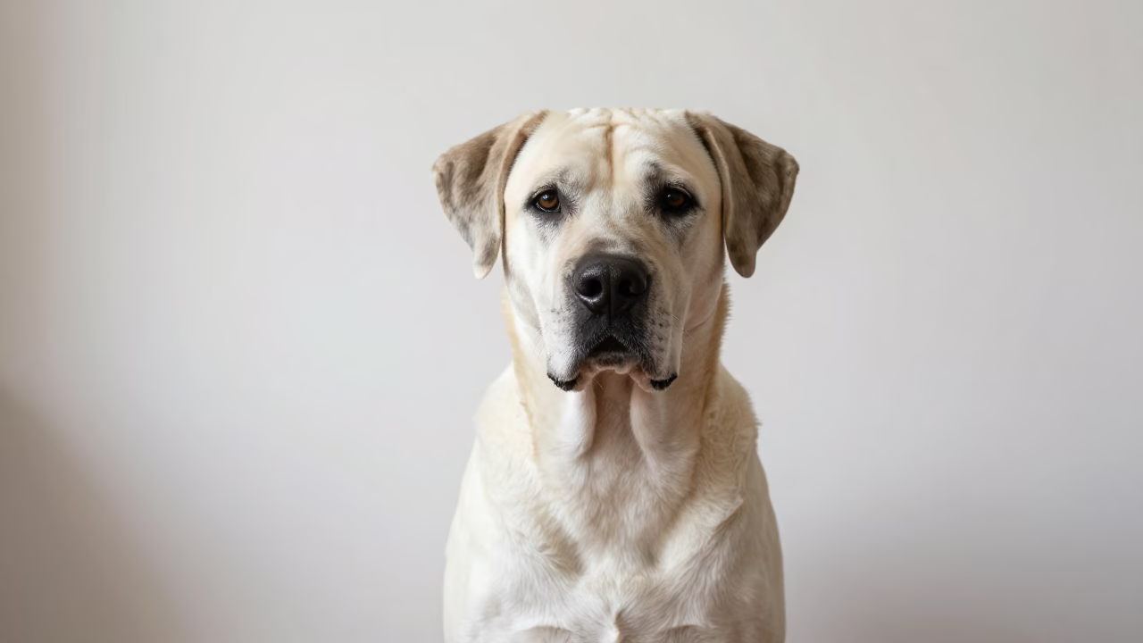 Mastiff Portrait Banani Dhaka Soft Indoor Light in beside a plain plaster wall in soft indoor light with the animal centered in frame in Banani, Dhaka