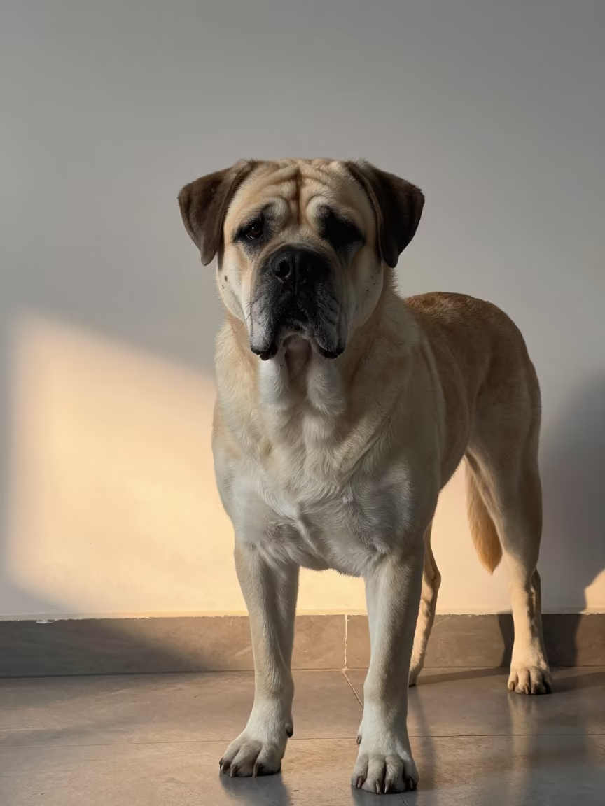 Mastiff Portrait by Plaster Wall in Phrae in beside a plain plaster wall in soft indoor light with the animal centered in frame in Phrae