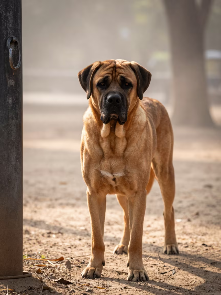 Mastiff Portrait in Mandalay Dry Season Light in along a quiet park path with soft open shade and a clean background in Mandalay