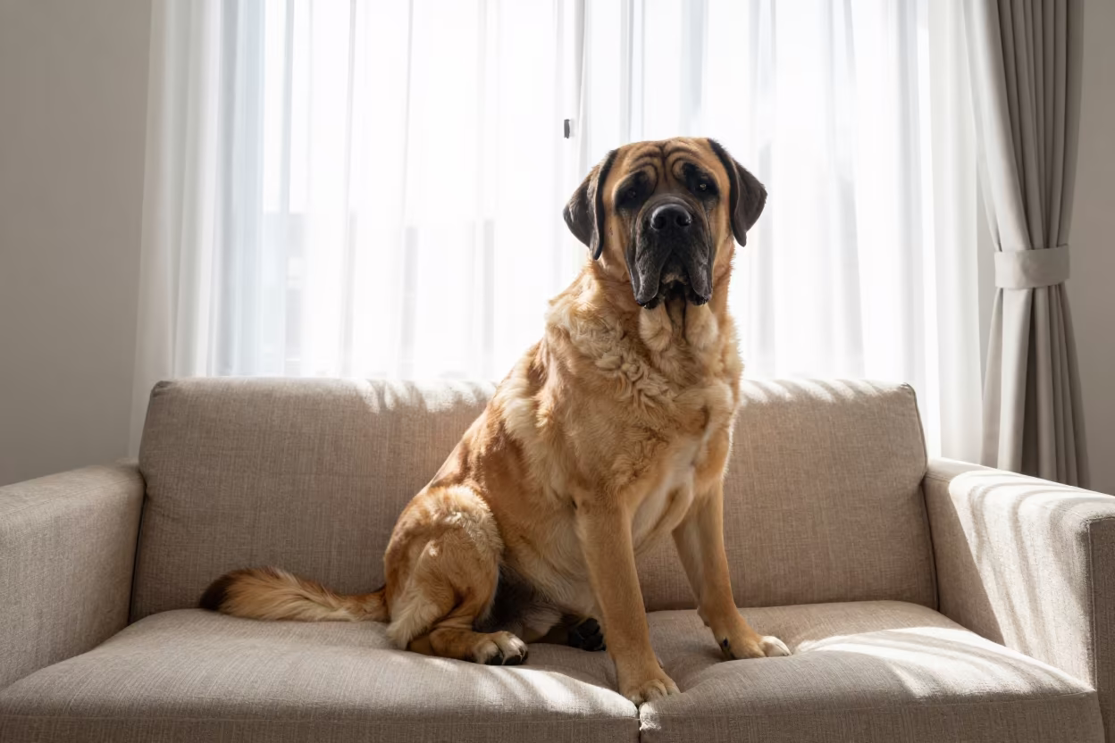 Mastiff Portrait Near Kanazawa Window in on a sofa near a curtained window with calm indoor light in Kanazawa