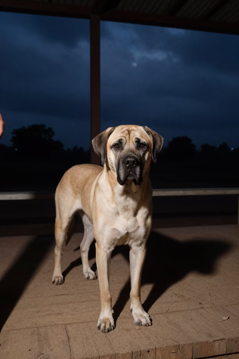 Mastiff Portrait on Shaded Solapur Porch at Night in on a shaded front porch with boards, railings, and eye-level framing in Solapur