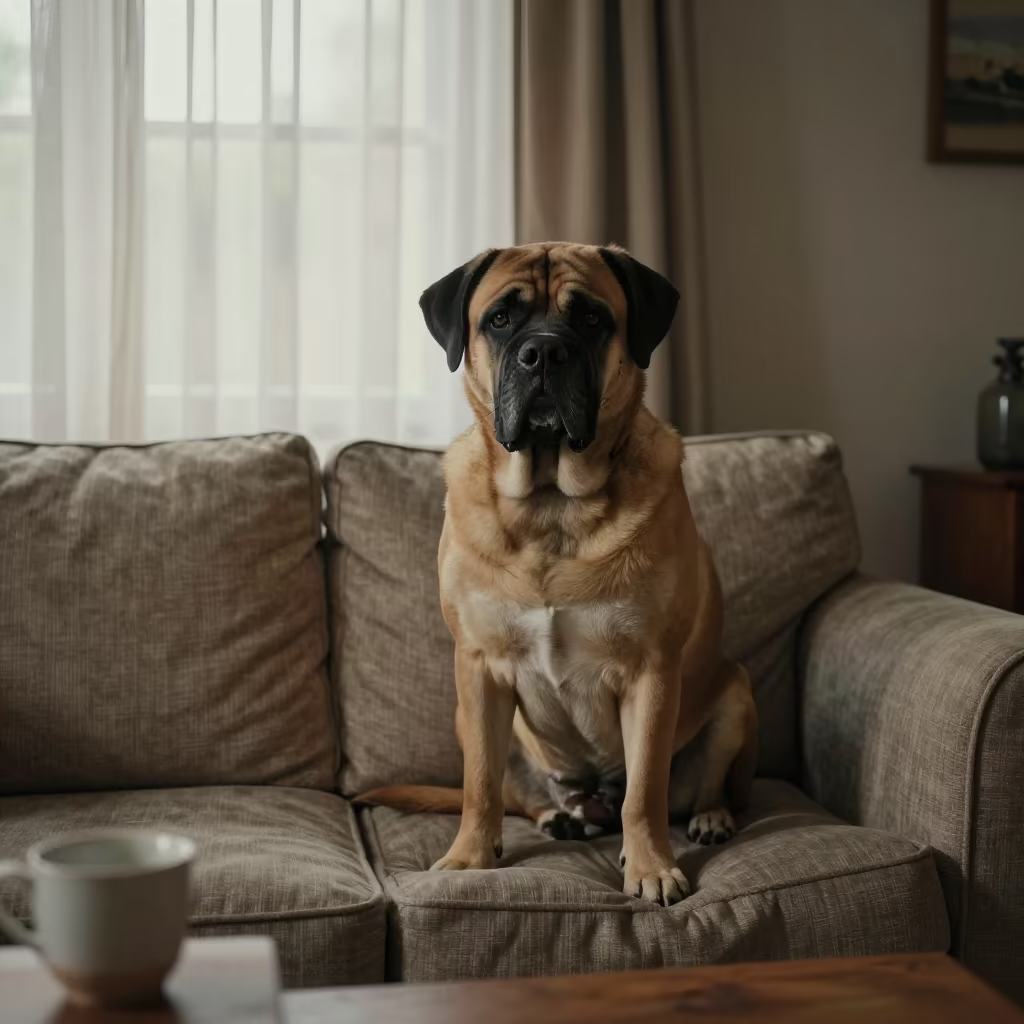 Mastiff Portrait on Sofa Near Athens Window in on a sofa near a curtained window with calm indoor light in Kerameikos, Athens