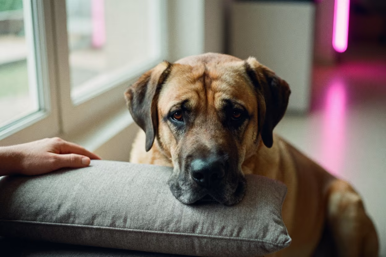 Mastiff Portrait on Window Seat in Twilight in on a cushioned window seat with soft side light and an uncluttered background near Castilla