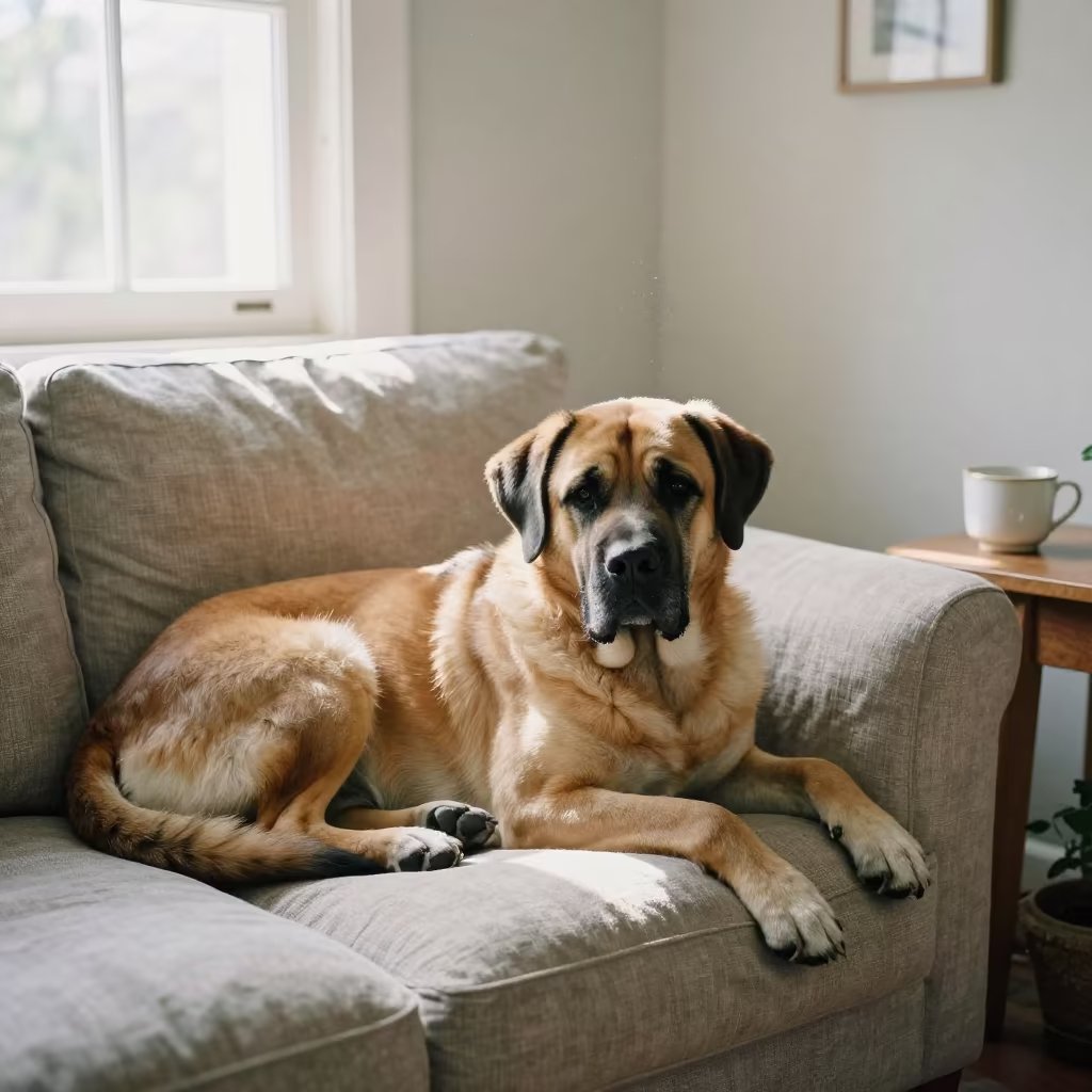 Mastiff Resting on Linen Sofa in Mysore Morning Light in on a linen sofa with daylight from a nearby window in Mysore