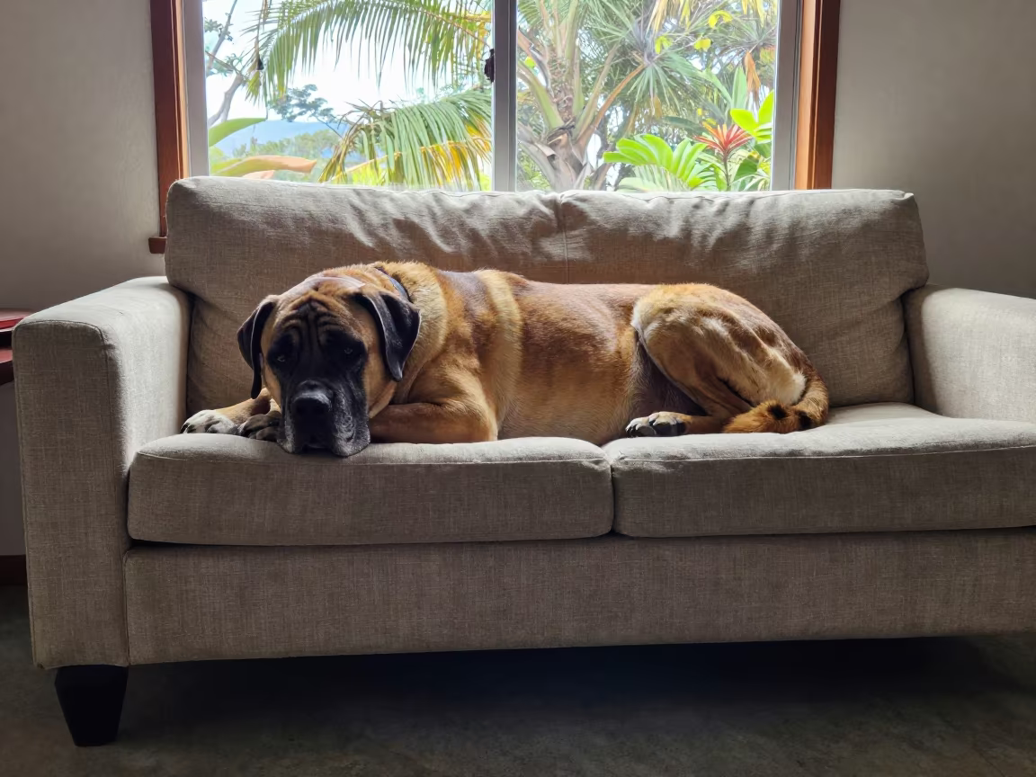 Mastiff Resting on Linen Sofa in San Jose in on a linen sofa with daylight from a nearby window near San Jose Costa Rica