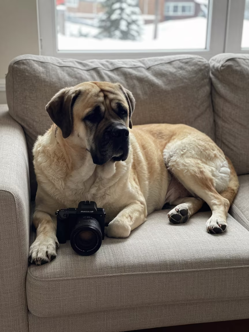 Mastiff Resting on Linen Sofa in Winter Light in on a linen sofa with daylight from a nearby window in Novosibirsk