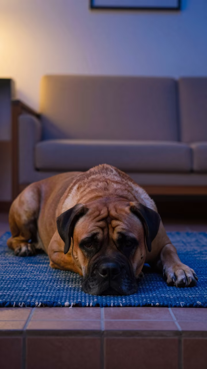 Mastiff Resting on Rug in Algiers Twilight in on a woven rug beside a low couch and an uncluttered wall in Algiers