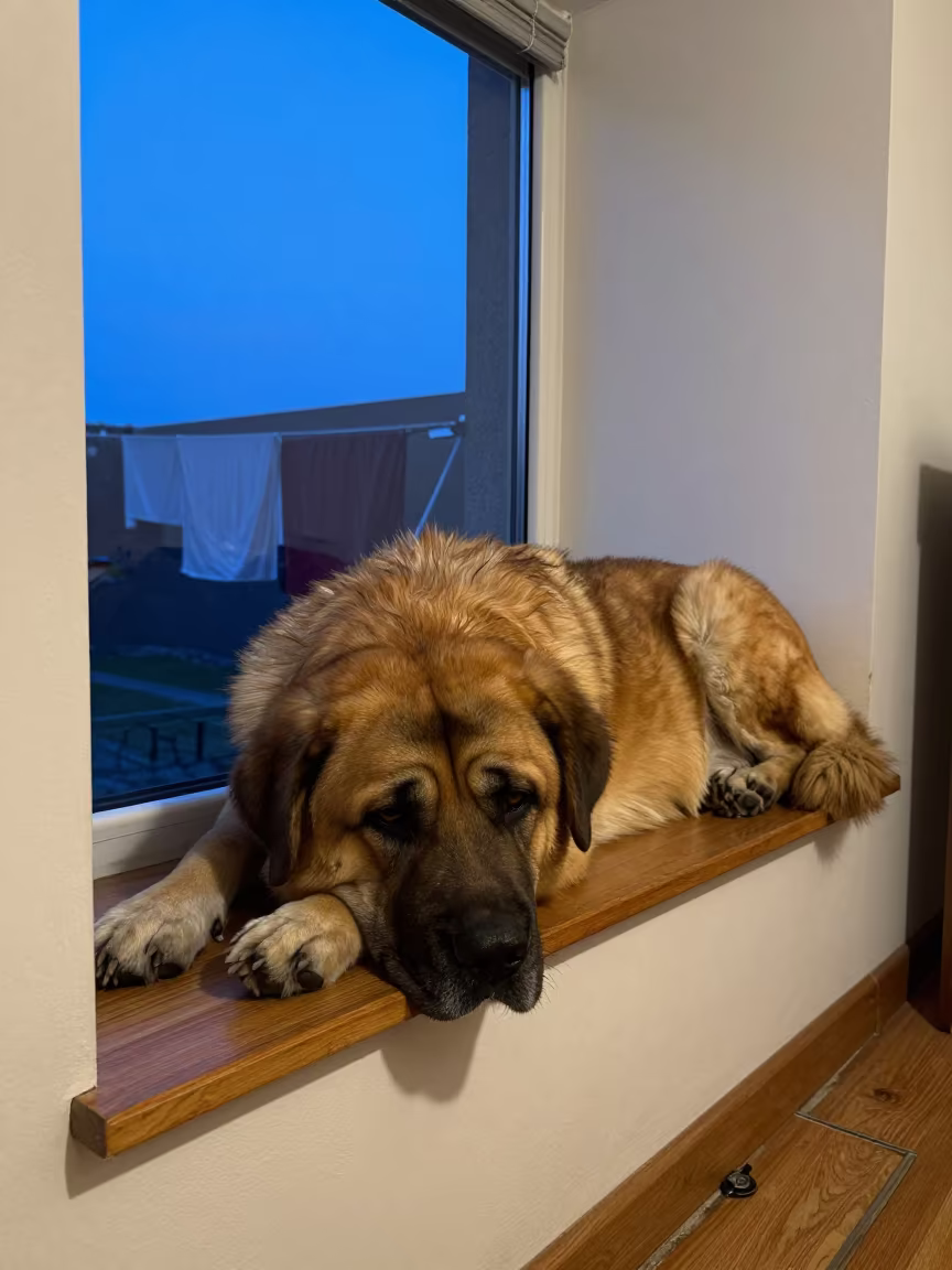 Mastiff Resting on Window Seat in Winter Twilight in on a window seat in a quiet apartment with soft side light in Oral