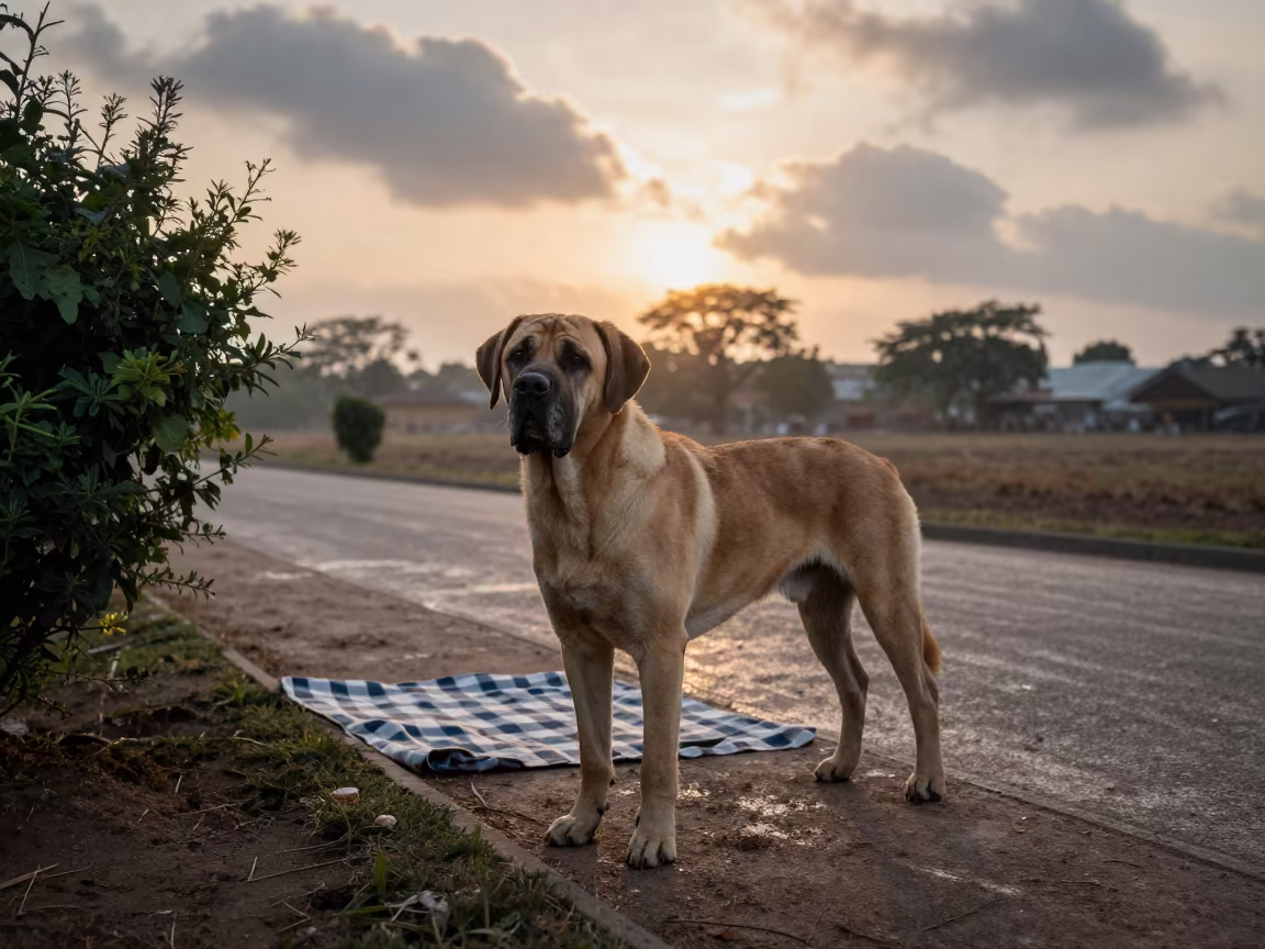 Mastiff Standing at Park Path Edge in Morning Light in along a quiet park path with soft open shade and a clean background near Bauchi