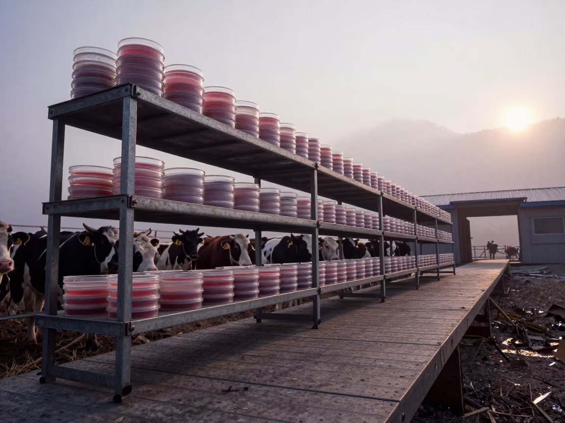 Mastitis Culture Plates on Shelf at Himalayan Stockyard in at a stockyard loading ramp in the Himalayas