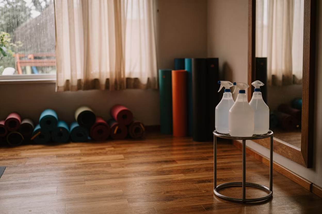 Mat Spray Jug Stand Yoga Studio Cua in inside a yoga studio before the session begins in Cúa