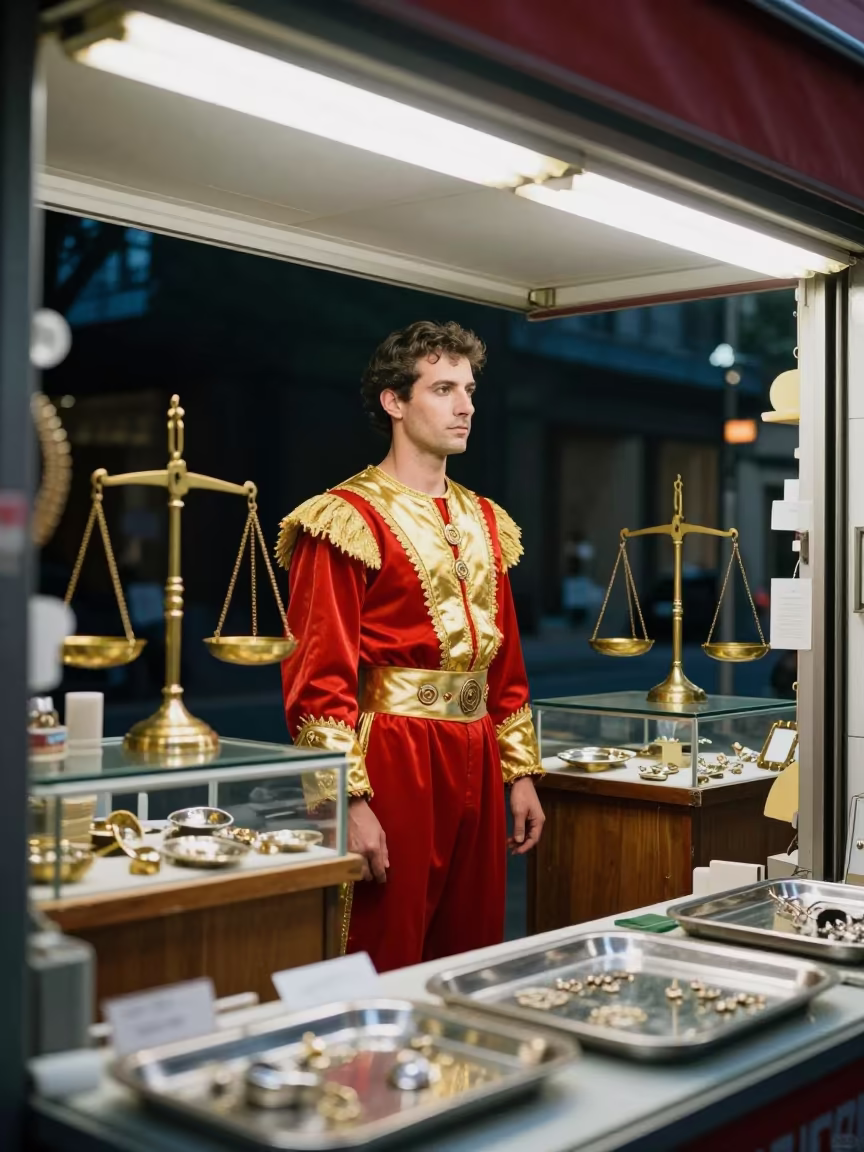 Matador in Barcelona Jeweler Stall Night in inside a jeweler's stall with brass scales and trays in Barcelona