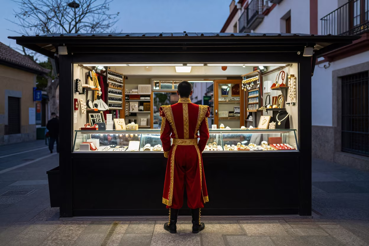 Matador Behind Jewelry Counter in Madrid Bazaar in at a jewelry counter inside a covered bazaar in Lavapies, Madrid