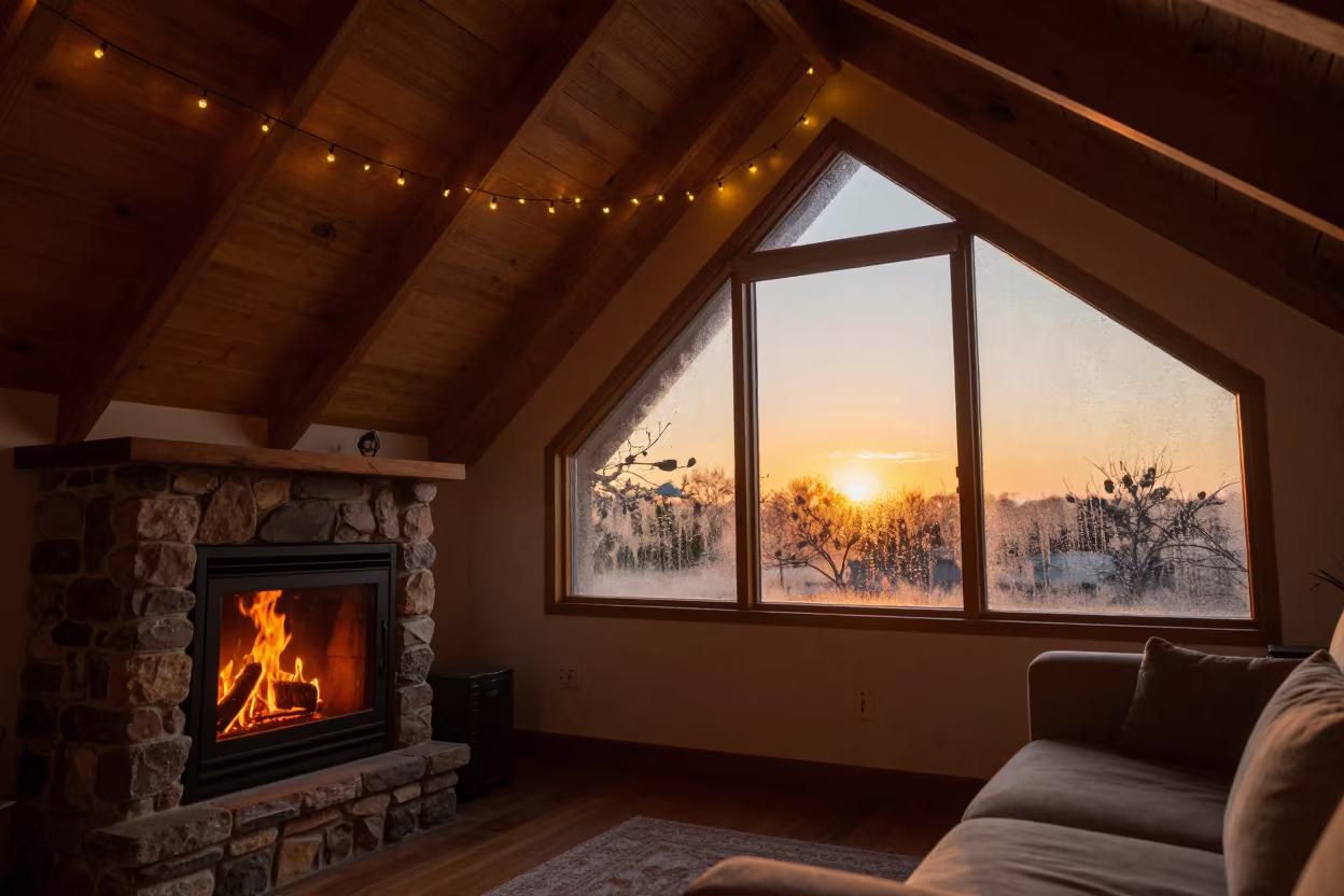 Matamoros attic sunset with fireplace and fairy lights in by a crackling fireplace in Matamoros