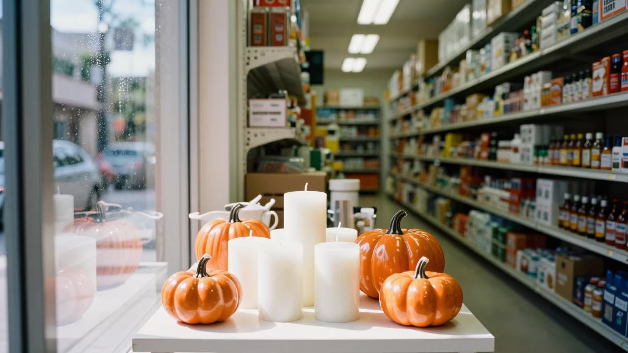 Matanzas Stockroom Candles and Pumpkins in inside a stockroom behind the sales floor in Matanzas