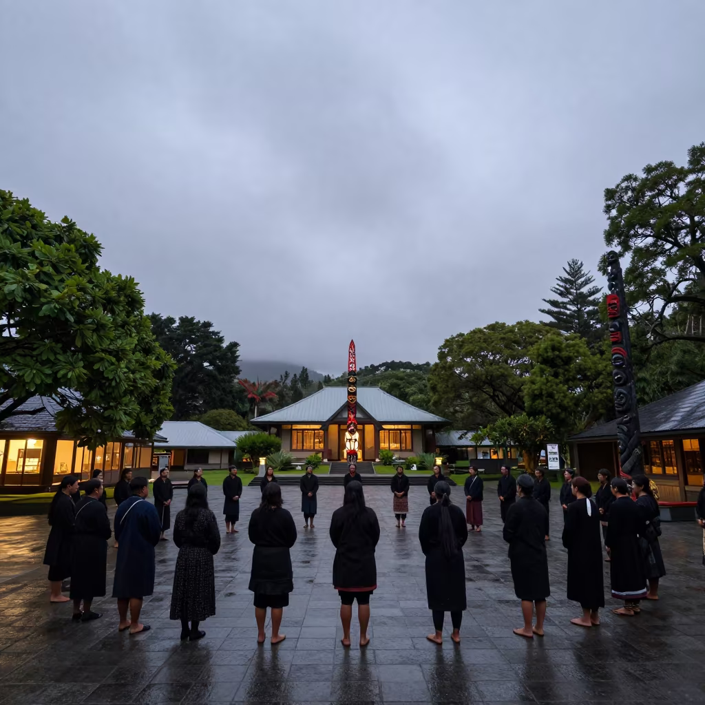 Matariki Ceremony in Auckland Courtyard After Rain in in a temple courtyard in Wynyard Quarter, Auckland