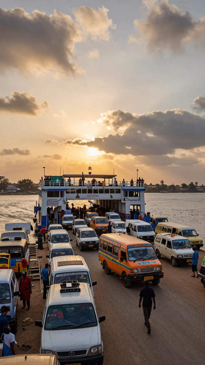 Matatu Navigating Sunset Ferry Traffic Near Menouf in across a remote ferry crossing near Menouf