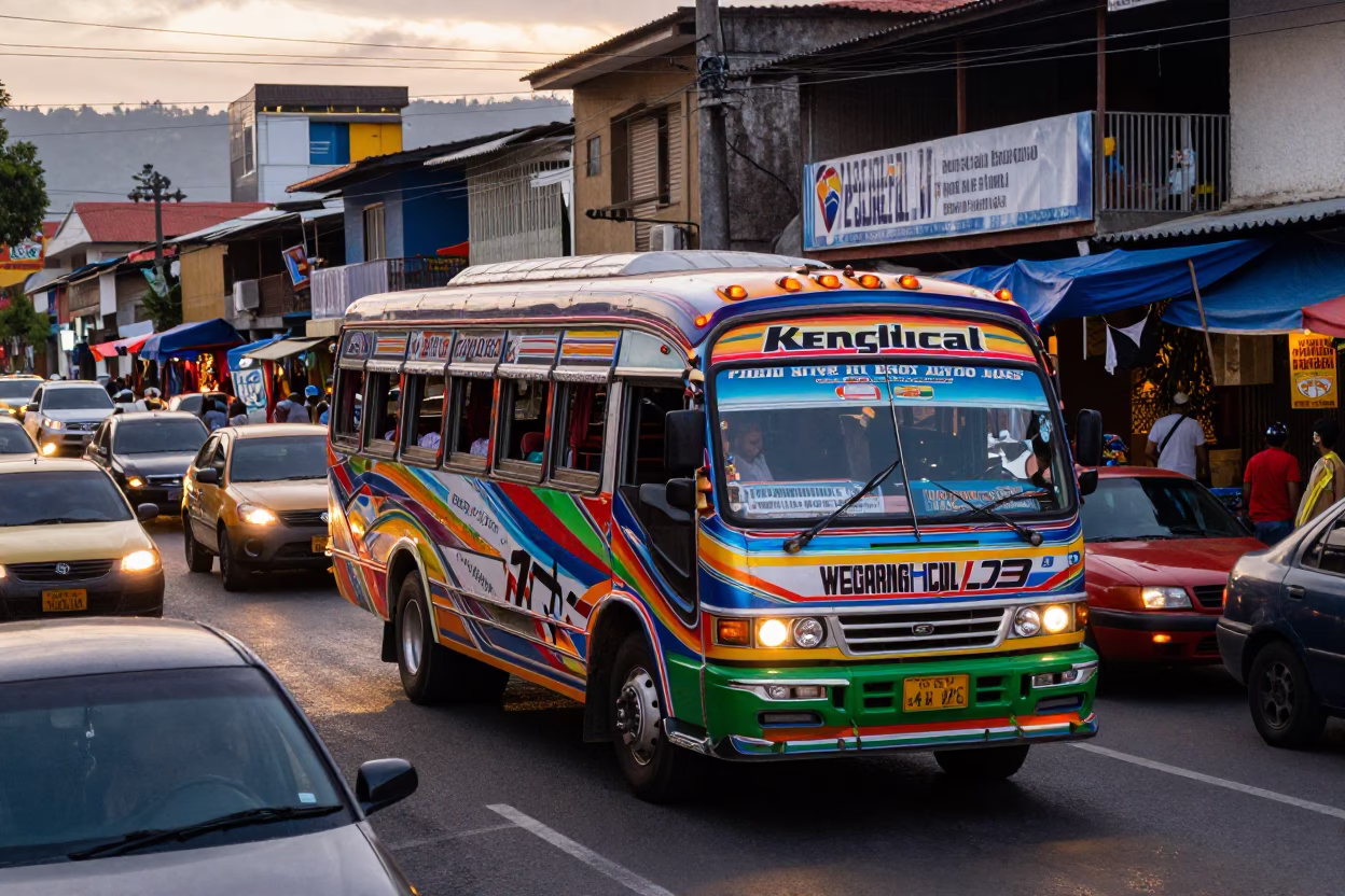 Matatu Weaving Through Busy Medellin Colombia Market Traffic at Nautical Dawn in in Medellin, Colombia
