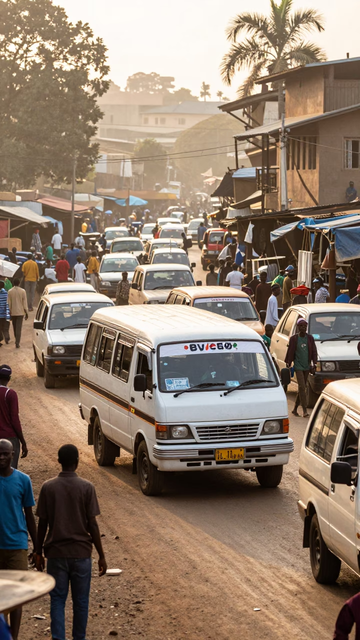 Matatu weaving through busy Nairobi Kenya market traffic just after sunrise in in Nairobi, Kenya