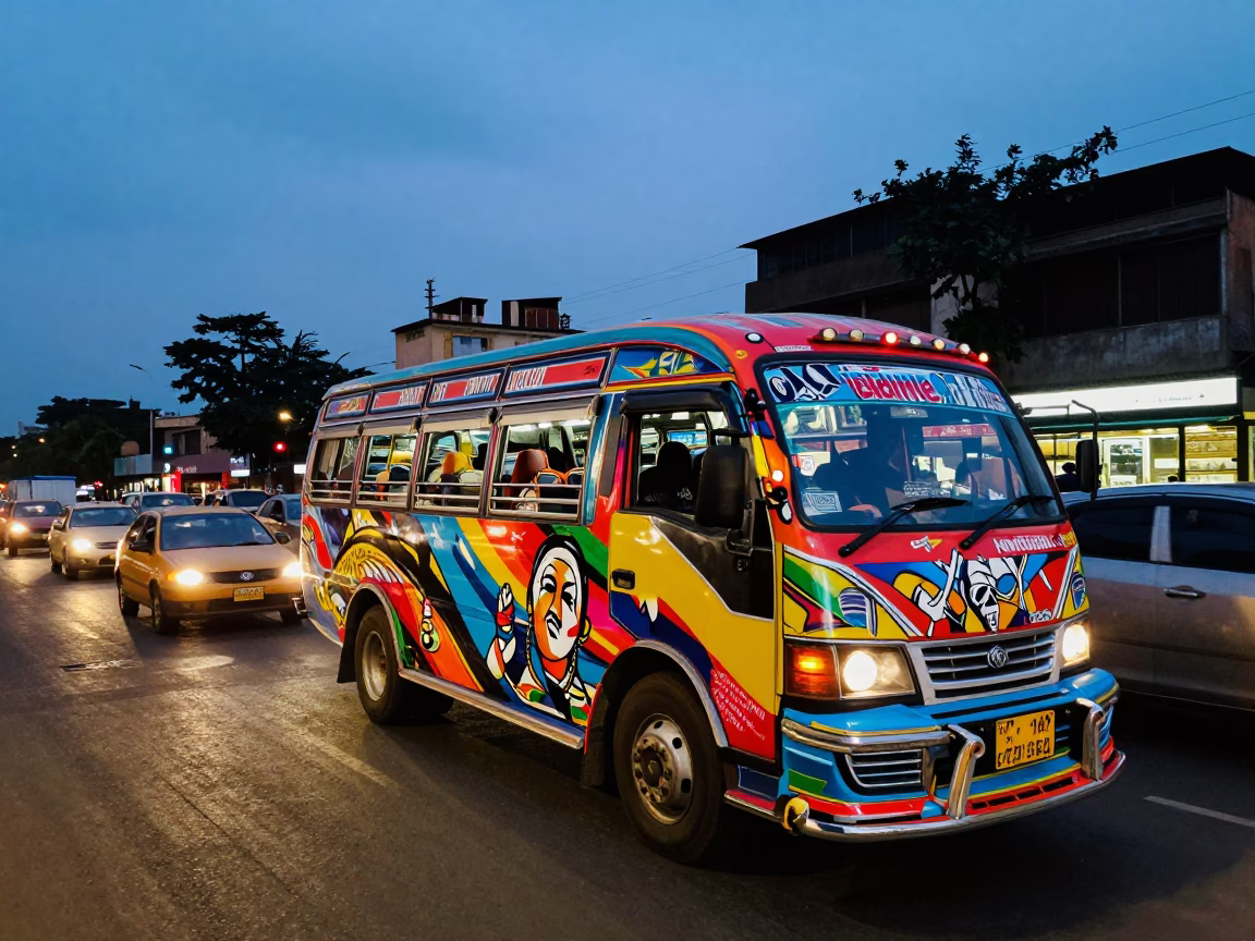Matatu with Pop Art Murals in Nairobi Traffic at Dusk in in Nairobi, Kenya