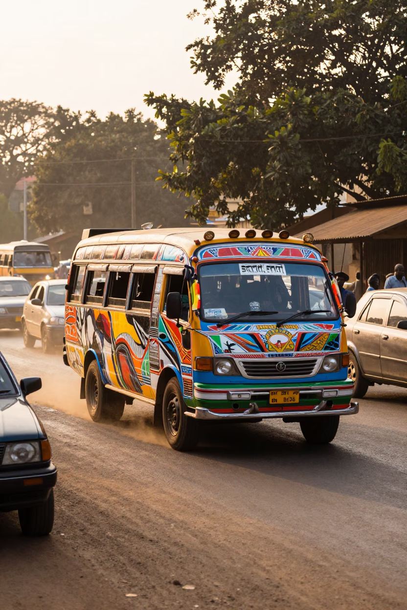 Matatu with vibrant pop art murals navigating Nairobi traffic at nautical dawn in in Nairobi, Kenya