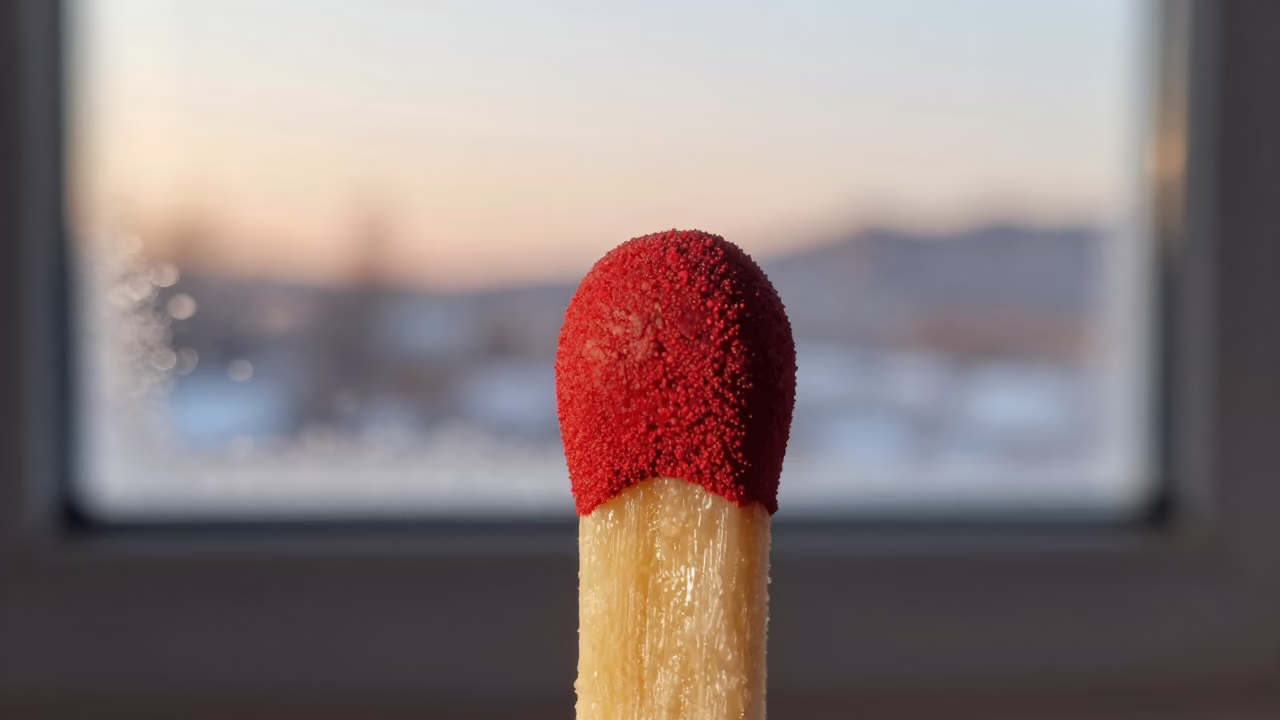 Match Head Phosphorus Coating Macro Winter Seoul in along a frost-edged windowpane in Mangwon, Seoul