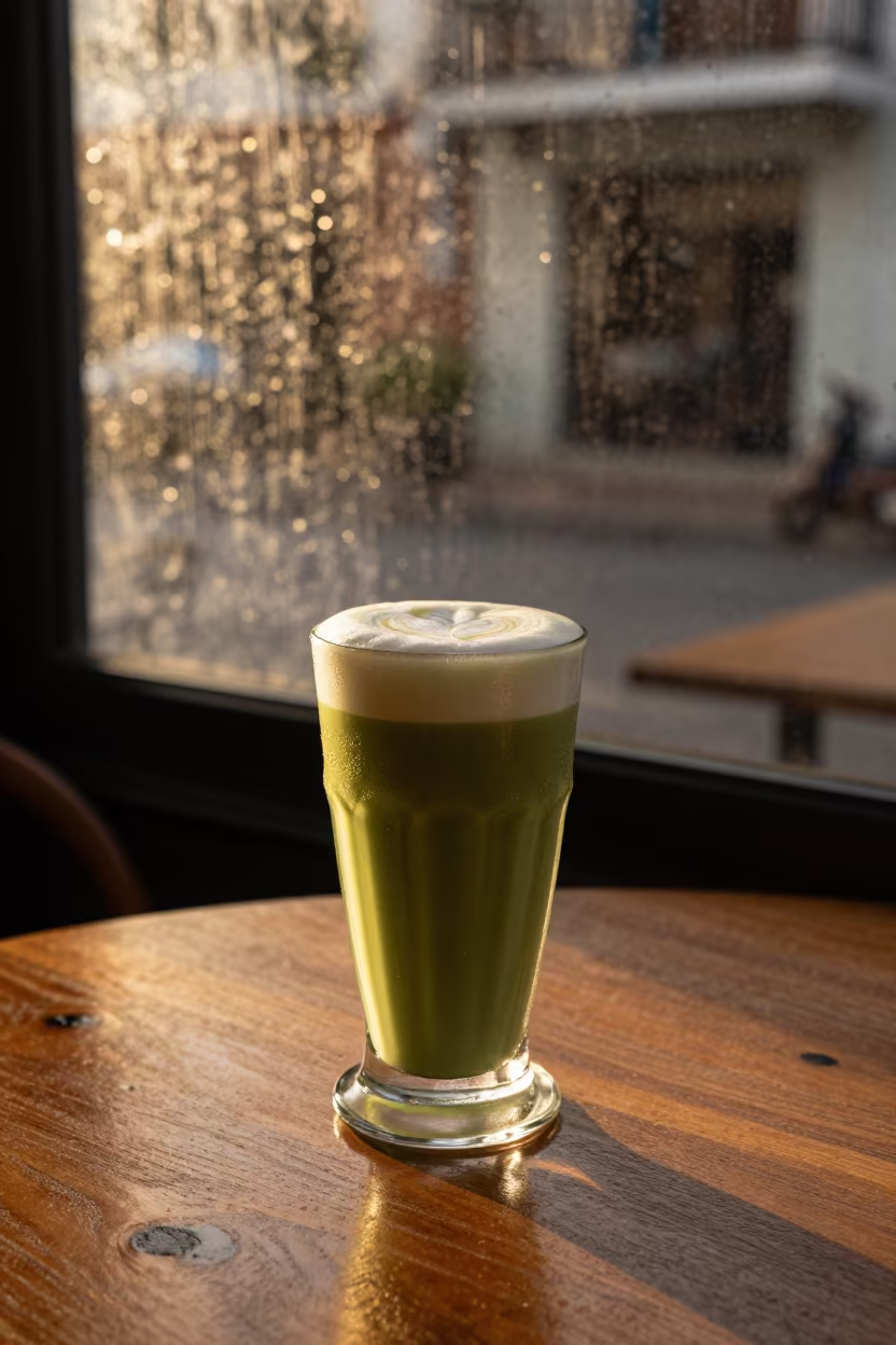 Matcha Latte in Amber Sunset Light San Pedro in on a small cafe table by a window in San Pedro de Macorís