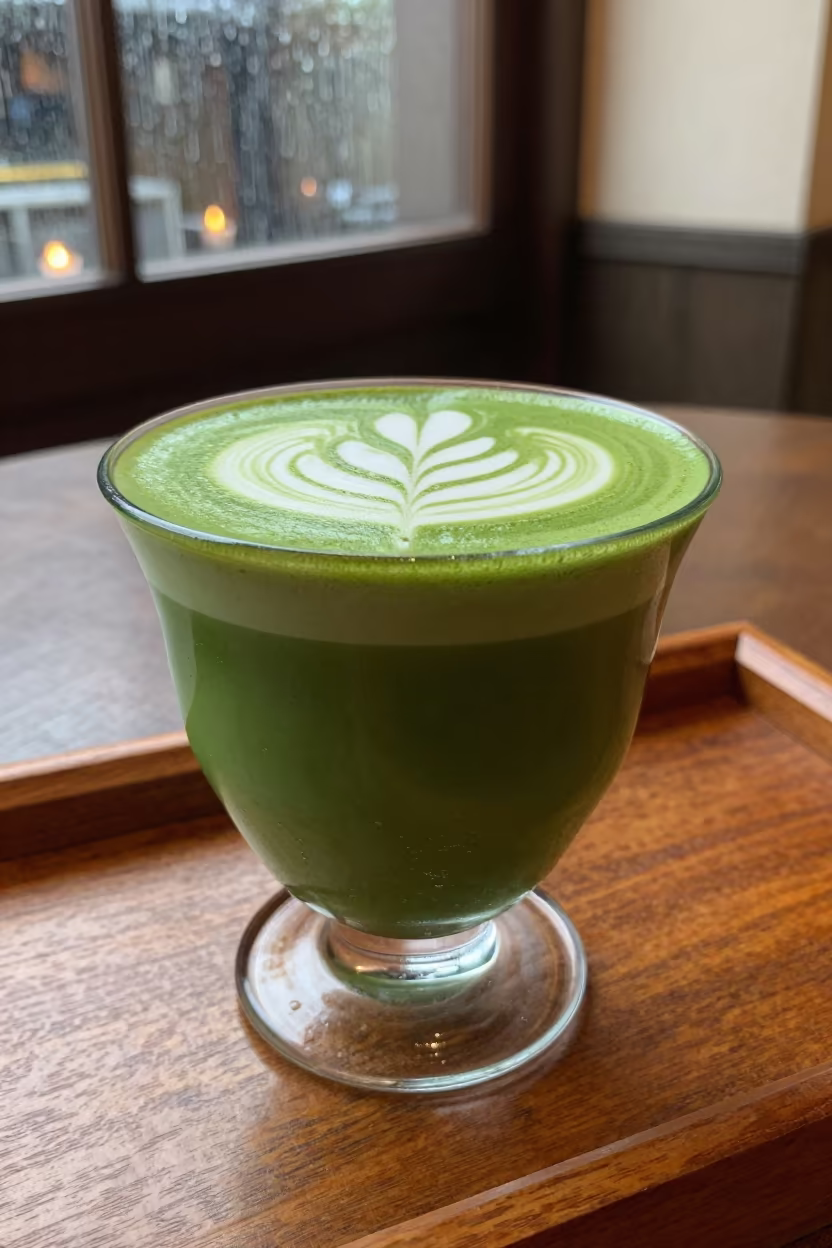 Matcha Latte Foam Art Candlelight Sangalkam in on a tea house tray in Sangalkam