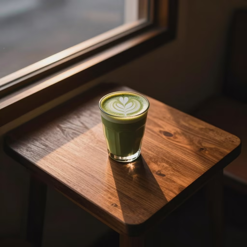 Matcha Latte with Foam Art in Cumilla Cafe in on a small cafe table by a window in Cumilla