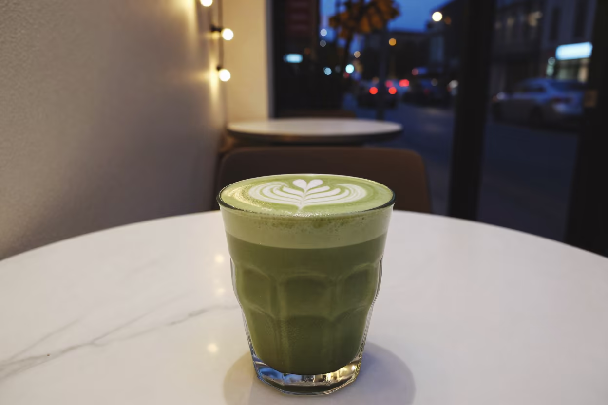 Matcha Latte Foam Art Hillah Cafe in on a marble cafe table in Hillah