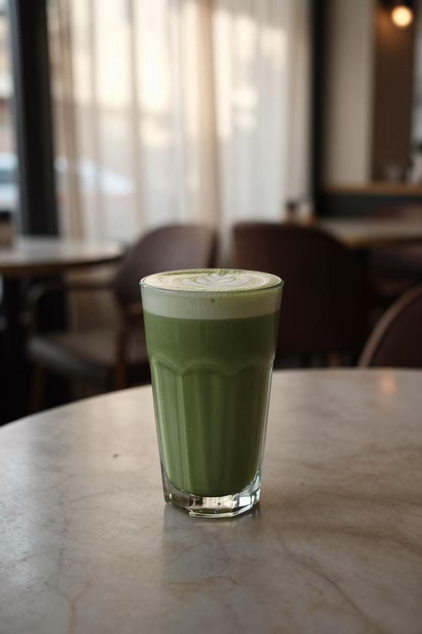 Matcha Latte Foam Art on Marble Table Amman in on a marble cafe table in Amman