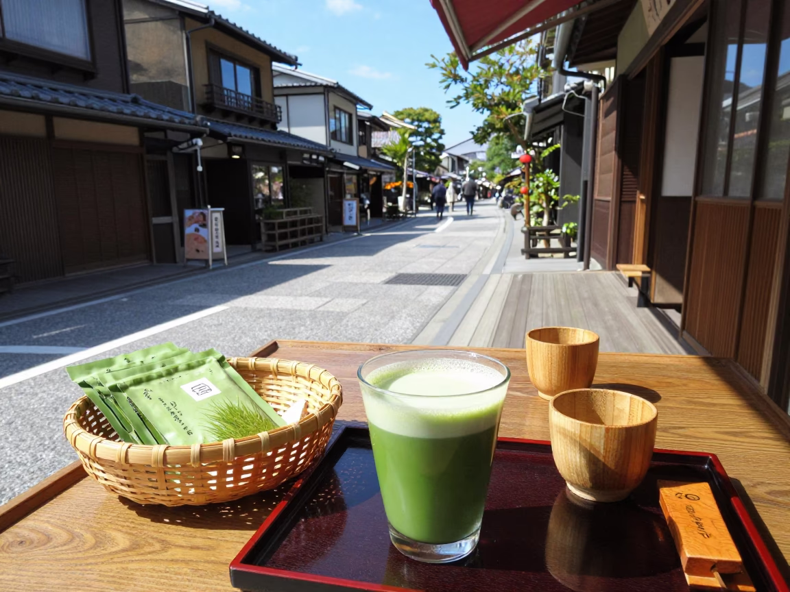 Matcha Latte in Kyoto at Bright Midmorning Light in in Kyoto, Japan