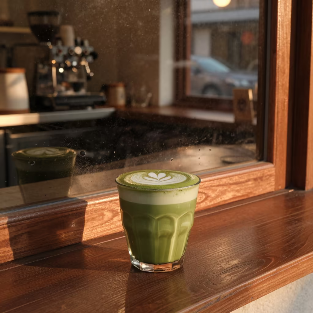 Matcha Latte Window Looking Indoors in at a coffee bar counter in Suzhou