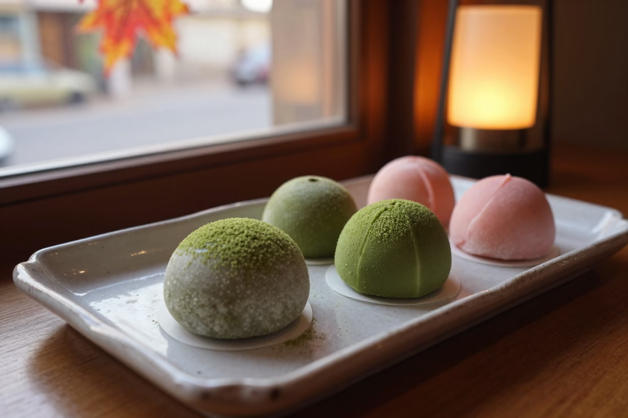 Matcha Wagashi on Cafe Table in Aswan in on a small cafe table by a window in Aswan